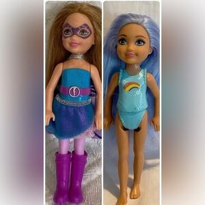2 Mattel Barbie Chelsea Dolls Superhero and Princess Dreamtopia 5.5” Long Hair